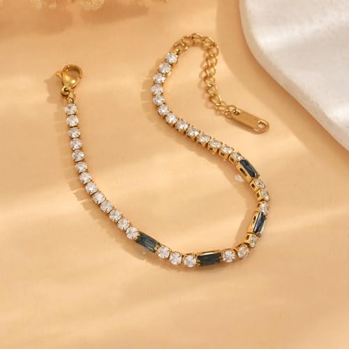 Tennis Bracelet for Women 18K Gold Plated White Red Green Black Blue Pink 3mm Cubic Zirconia Bracelet Dainty Diamond Adjustable Bracelet Trendy Jewelry Gift - color: Blue Tennis-Gold