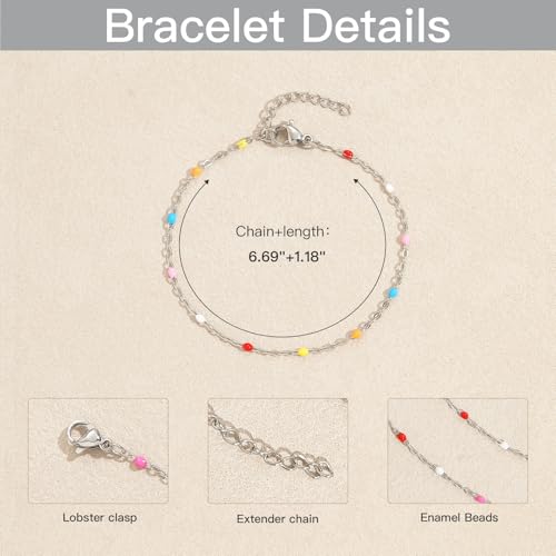 6 PCS Enamel Beaded Chains Bracelet Stainless Steel Link Bracelets | 6.7"+1.18", With Extender Chain, Fashion Jewelry Set, Gift For Women, Colorful, No Fade - color: Colorful Silver