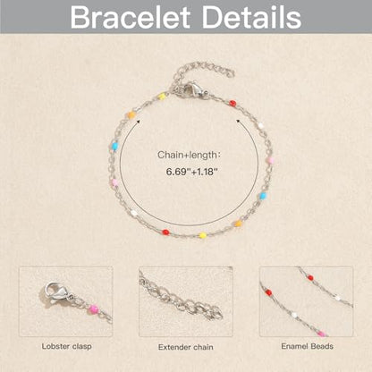 6 PCS Enamel Beaded Chains Bracelet Stainless Steel Link Bracelets | 6.7"+1.18", With Extender Chain, Fashion Jewelry Set, Gift For Women, Colorful, No Fade - color: Colorful Silver