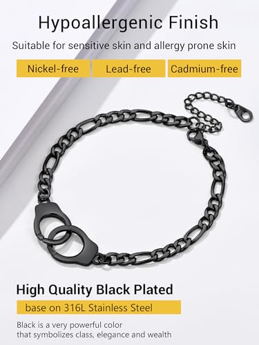 PROSTEEL Trendy Handcuffs Design/Customize Words Ankle Bracelet For Women, 316L Stainless Steel Anklets Silver/Gold/Black Tone, Hypoallergenic, Come with Box - style: 03 Handcuffs Anklet(8.5"-10.5")-Cool Black
