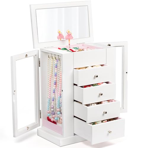 Emfogo Jewelry Box for Girls, Musical Jewelry Box with Spinning Dancer Gifts for Little Girls Christmas New Year Birthday Children's Day, 5 Layer Large Wooden Kids Music Jewelry Organizer Box(White) - color: White