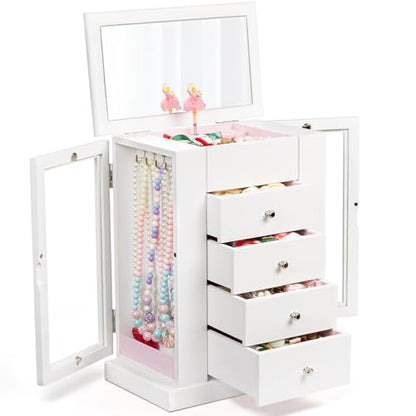 Emfogo Jewelry Box for Girls, Musical Jewelry Box with Spinning Dancer Gifts for Little Girls Christmas New Year Birthday Children's Day, 5 Layer Large Wooden Kids Music Jewelry Organizer Box(White) - color: White