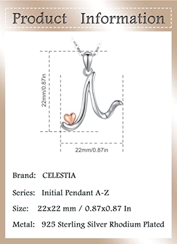 CELESTIA 925 Sterling Silver Initial Necklaces 26 Letter with Rose Gold Heart - 18 Inch Chain - color: N-Initial
