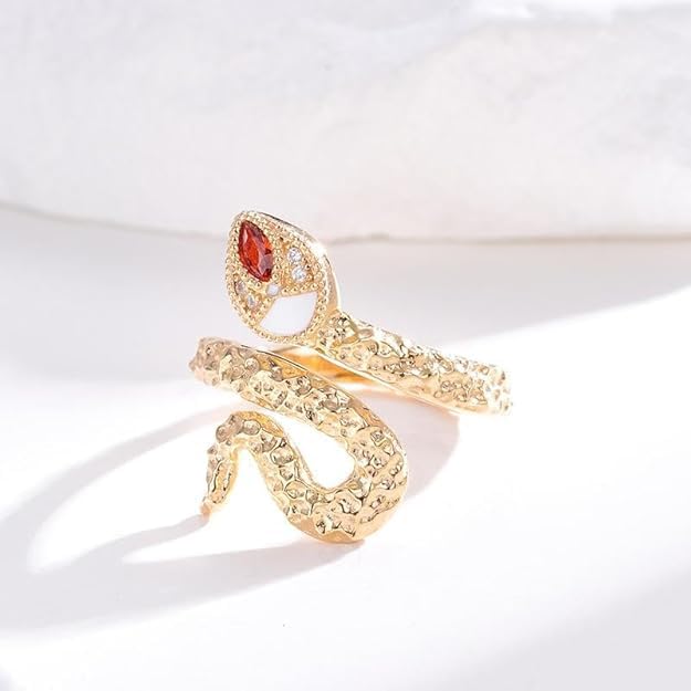 14K Gold-Tone Sterling Silver Adjustable Serpent Ring withRed Zirconia Eyes - Mysterious Snake Jewelry for Women