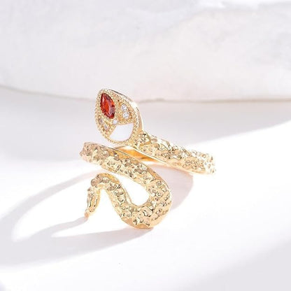 14K Gold-Tone Sterling Silver Adjustable Serpent Ring withRed Zirconia Eyes - Mysterious Snake Jewelry for Women