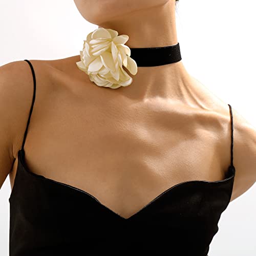 Rose Black Velvet Floral Choker Necklace - Camellia Daisy Rosette - Spring Summer Flower Jewelry - color: White