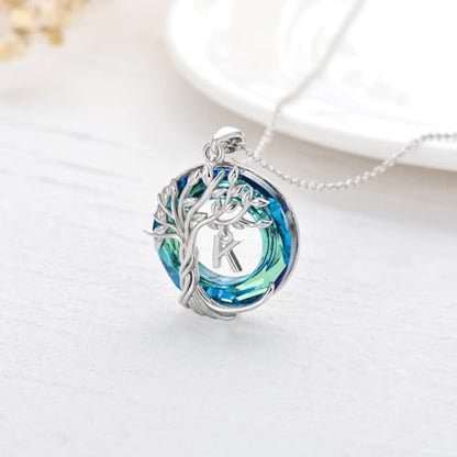 TOUPOP Gifts for Women Tree of Life Initial Necklace 925 Sterling Silver Letter Pendant with Blue Crystal Birthday Jewelry Gifts for Women Her Mom Wife Daughter - color: Tree of Life K Initial
