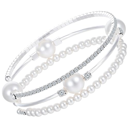 Ymapinc Pearl Bracelets for Women Silver Stretch Bracelets for Women Stackable，Three Layer Bracelet with Pearls and Rhinestones Exquisite Jewelry Decoration