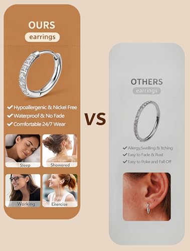 316L Surgical Steel Huggie Hoop Earrings | Dainty Pave Cubic Zirconia Cartilage Tiny Earring for Sensitive Ears Hypoallergenic Lightweight for Women Men - style: Silver,20G*8/10/12mm