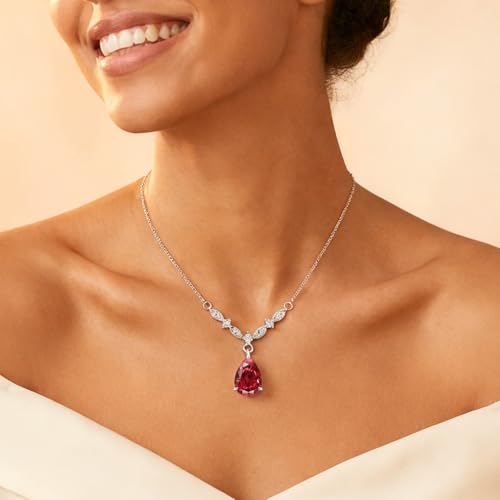 Platinum Plated Cubic Zirconia Teardrop Pendant Necklace Dangle Earrings Set, Silver Jewelry Set for Women,Wedding Jewelry Set for Bride,Bridesmaid Jewelry Gift, Gift for Valentine's Day, Birthday - color: A-Red