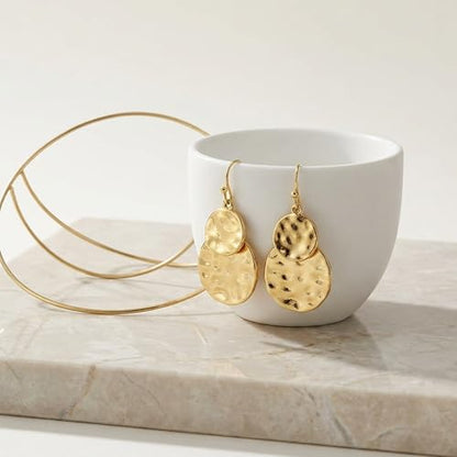 Antique Gold Hammered Disc Drop Earrings Boho Earrings with Two Tone Jewelry Gift - color: AMZ-EH21299A-L