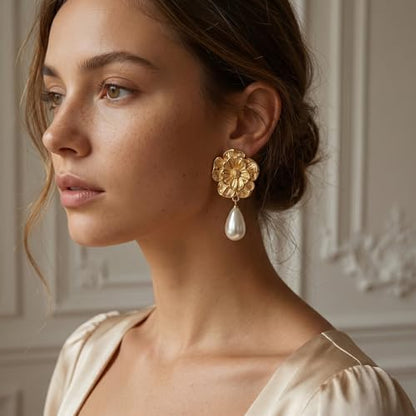 Chunky Gold Plated Flower Statement Drop Earrings for Women | Hypoallergenic 18K Gold Plated Textured Petal Wing, Large Statement Dangle Earrings for Wedding Party - color: Sunflower Pearl