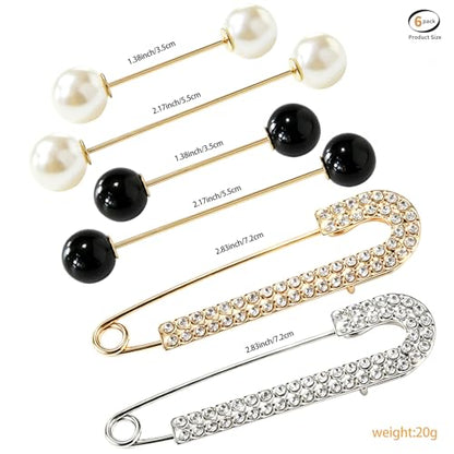 6PCS Artificial Pearl Brooch Pins for Women | Clothes Scarf Cardigan Shawl Decorative Pin, Shirt Sweater Clips, Retro Sweater Shawl Clips, Faux Crystal