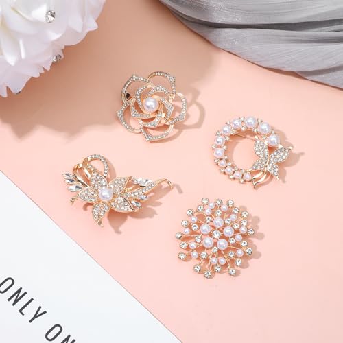 Pearl Flower Brooches for Women for Wedding Appreciation Ceremony | 4Pcs Glod Crystal Floral Pins, 4 Stlye Rhinestone Pearl Brooch, Fashion Elegant Golden Pins