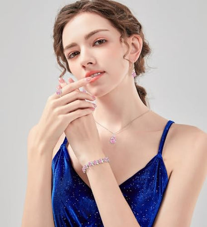 LMXXVJ Jewelry Set for Women,Teardrop Cubic Zirconia Necklace Earrings Adjustable Ring Bracelet Jewelry Set Formal Jewelry Gift - color: SYSD-White Gold-Pink