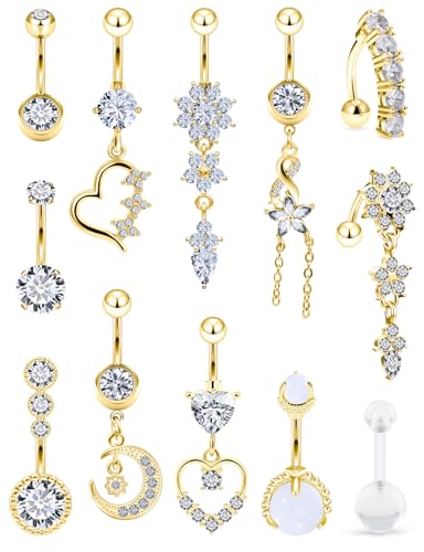 14G Dangle Belly Button Ring Piercing Jewelry 316L Stainless Surgical Steel Heart Flower CZ Reverse Navel Rings Dangling Belly Button Ring Piercing Jewelry for Women 14 Gauge Hypoallergenic - style: 12Pcs Gold