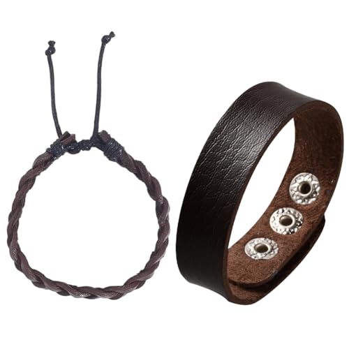 2 Styles Cowhide Wide Cuff Wrap Adjustable Genuine Leather Bracelets Brown Braided Rustic Leather Wrist Band Vintage Rope Bracelet Wristband for Men Women Daily Wear Costume Party Gift - style: 2 styles 2