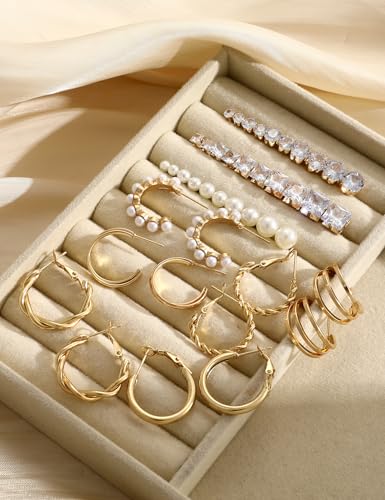YEEZII 56 Pcs Gold Jewelry Set for Women with 5Pcs Layered Necklace, 5Pcs Layered Necklace, 12 Bracelets, 4 Hoop Earrings, 8 Stackable Rings, 10 hairpins, 12 Studs Earrings Jewerly set for Women - color: Gold-B