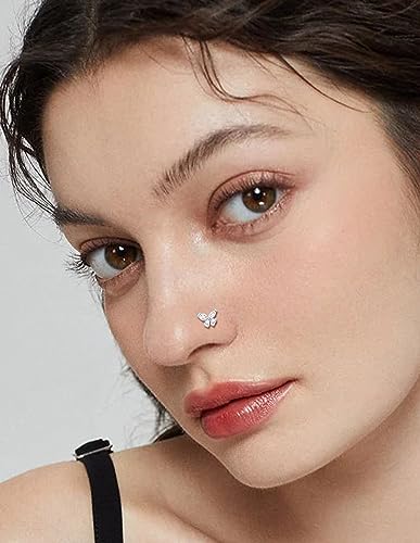 Akeoqi 18Pcs Nose Rings Hoops L Shape Nose Studs Screw Bone CZ Butterfly Flower Cross Leaf Star Crown Heart Nose Nostril Piercings Jewelry Set For Women Men Gold Silver Tone 20G - color: B1:Silver-18PCS