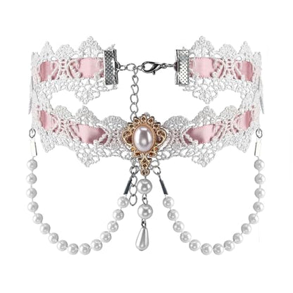 MILAKOO Lace Tattoo Choker for Women Elegant Goth & Elegant Necklace Collarbone Pearl Pendant Collar - color: White B