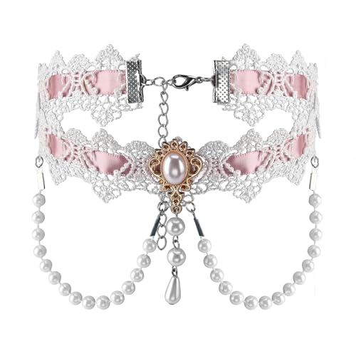 MILAKOO Lace Tattoo Choker for Women Elegant Goth & Elegant Necklace Collarbone Pearl Pendant Collar - color: White B