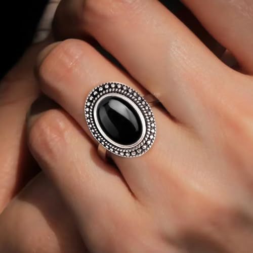 Natural Oval Stone Boho Ring,Retro Antique S925 Sterling Silver Crystal Quartz Gemstone Bohemian Statement Handmade Ring Jewelry for Women Her - color: B05_Black Agate