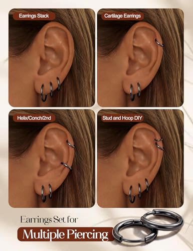 Tungary Small Gold Hoop Earrings for Women Huggie CZ Hoops Earring Stacks | Hypoallergenic Earing Hoops for Sensitive Ears, Earrings Stack Set for Cartilage, Secure Clasp, Silver/Black/14K Gold Plated - color: Black-Plain Huggies