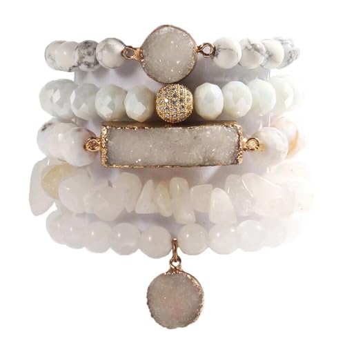 Yomisa 5PCS 6PCS Natural Boho Beaded Bracelets/Bangle for Women Men,Healing Turquoise Jasper Agate Crystal Gemstone Stone Chakra Multilayer Wrap Bohemian Handmade Jewelry Beads Stretch Bracelet Set - color: 5PCS-White