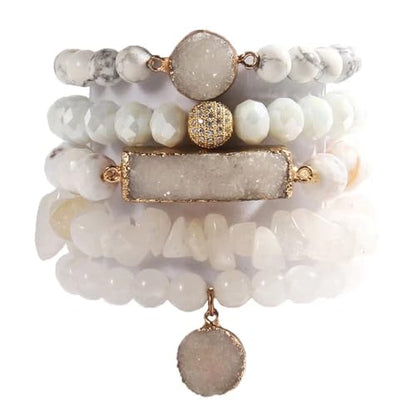 Yomisa 5PCS 6PCS Natural Boho Beaded Bracelets/Bangle for Women Men,Healing Turquoise Jasper Agate Crystal Gemstone Stone Chakra Multilayer Wrap Bohemian Handmade Jewelry Beads Stretch Bracelet Set - color: 5PCS-White