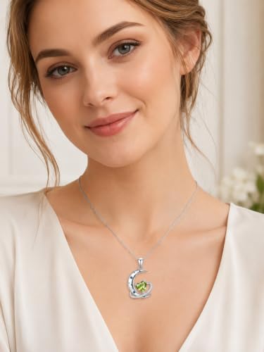 Birthstone Necklace for Women White Gold Moon and Star Pendant Moon Jewelry Anniversary Birthday Gifts for Mom Wife Her - color: 08. August - Peridot