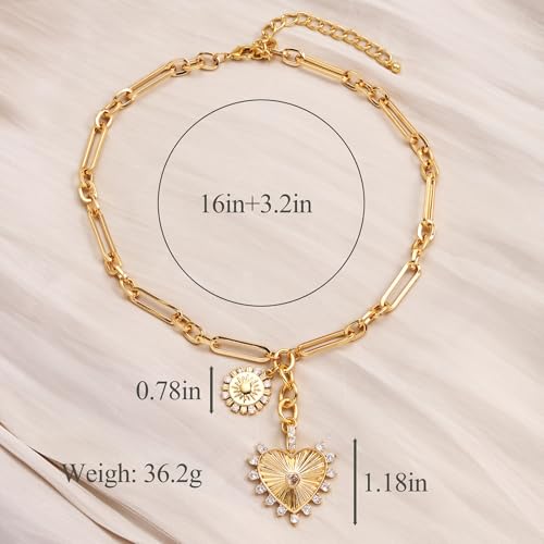 ORIGENCE Sun Heart Necklace for Women 18K Gold Plated Heart Pendant Necklace Chunky Chain Choker Necklaces Hip Hop Charm Necklaces Trendy Unisex Jewelry - style: ZCharm-Gold