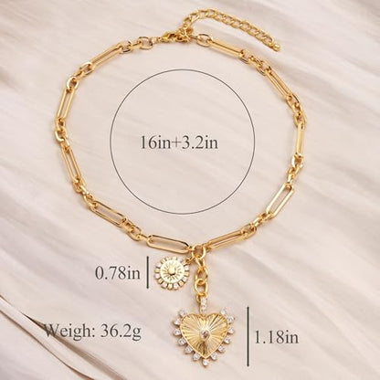 ORIGENCE Sun Heart Necklace for Women 18K Gold Plated Heart Pendant Necklace Chunky Chain Choker Necklaces Hip Hop Charm Necklaces Trendy Unisex Jewelry - style: ZCharm-Gold