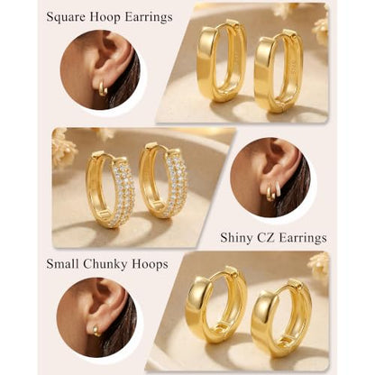 3 Pairs Chunky Small Hoops Set Huggie Earring Stack | Non Tarnish Hypoallergenic 925 Silver Square Earrings Waterproof Cubic Zirconia Hoop Earrings Chunky Gold Small Hoops - color: Gold