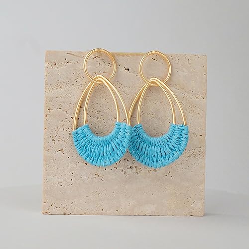 Raffia Hoop Earrings for Women Fun Boho Summer Beach Earrings Lightweight Handmade Straw Wicker Rattan Dangle Earrings Statement Geometric Round Drop Earrings - color: Light Blue - Teardrop