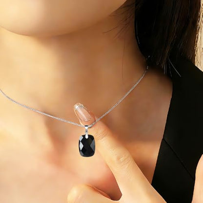 iSTONE 925 Sterling Silver Natural Crytral for Womens Pendant Necklace, Gemstone Birthstone with 17.8" Silver Chain Ladies - color: Rectangle - Obsidian