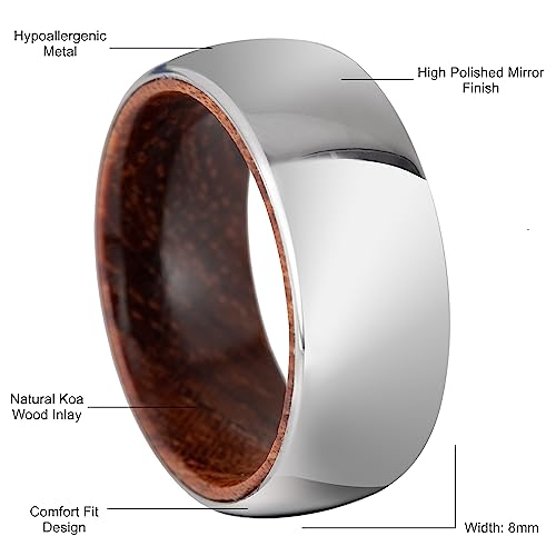 8mm Tungsten Carbide Genuine Natural Koa Wood Inner Inlay Ring Black/Gold/Silver/Rose Gold Wedding Band Hammered Textured Flat Style Comfort Fit Gift Box Included - color: Mirror Finish Silver Turngsten