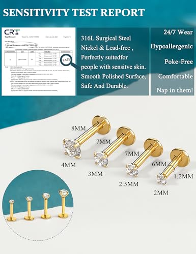 LOLIAS 14K Gold Plated Threadless Nose Studs, Nose Rings for Women 20G 18G | Hypoallergenic 316L Surgical Steel Labret Studs, Push In Flat Back Earrings, CZ Nose Nostril Tragus Helix Piercing Jewelry - color: 14K Gold Plated, size: 16G-2/2.5/3/4mm CZ