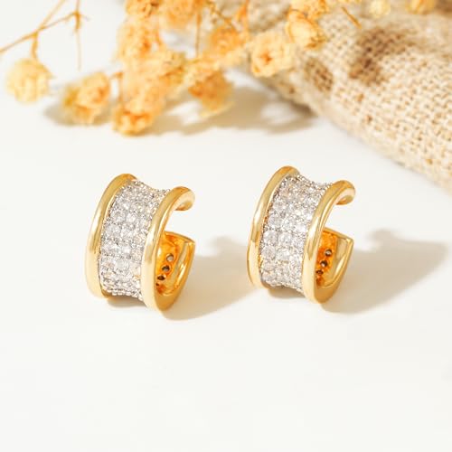 Gold Ear Cuff Earring for Women 14K Gold Plated Cubic Zirconia Non-Pierced Clip on Cartilage Chunky Ear Cuffs Hypoallergenic Jewelry - style: wide / pair