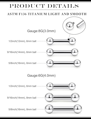 2G 4G 6G 8G 10G 12G 14G 16G Astm F136 Titanium Internally Threaded Nipple Tongue Rings Piercing Jewelry Industrial Straight Barbell Tongue Nipple Ring Bridge Piercing Jewelry For Women Men - size: 8 Gauge-12MM