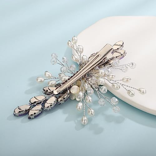Xerling Light Purple Rhinestones Crystal Flower Hair Barrettes Clip Boho Bridal Pearl Hair Jewelry Accessories for Women Wedding Floral Headpieces (Purple A) - color: Purple A