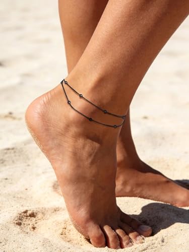 U7 Silver/Gold/Black Ankle Bracelets for Women Layered Chain Anklets | Stainless Steel Anklets Waterproof Summer Beach Anklet Charm, Adjustable 8.5"-10.5",Layered Anklet Fashion - color: Black - Layered Ball Chain