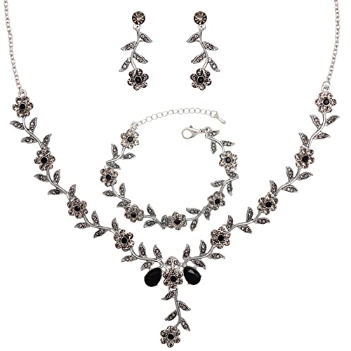 Flower Leaf Crystal Pendant Necklace Dangle Earrings Link Bracelet Bride Bridesmaid Jewelry Sets for Women Wedding Party - color: Black Diamond-Platinum Plated