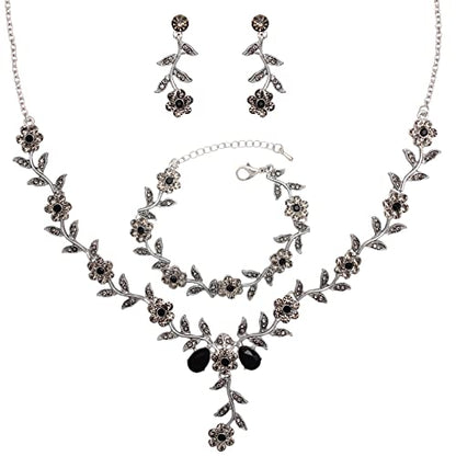 Flower Leaf Crystal Pendant Necklace Dangle Earrings Link Bracelet Bride Bridesmaid Jewelry Sets for Women Wedding Party - color: Black Diamond-Platinum Plated