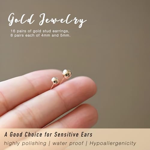 15 Pairs Surgical Steel Ball Stud Earrings Set | Fadeless, PVD Plating, Stainless Steel, Fadeless, Waterproof, High Polish, Hypoallergenic - color: Gold 16Pairs (4mm 5mm )