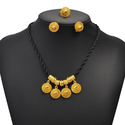 Ethiopian Traditional Jewelry | Eritrean Jewelry for Women Set | Ethiopian African Jewelry Wedding Sets Includes Cross Pendant Black Rope Earrings Ring Sets African Eritrean Religion - color: Black Rope 2