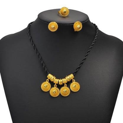 Ethiopian Traditional Jewelry | Eritrean Jewelry for Women Set | Ethiopian African Jewelry Wedding Sets Includes Cross Pendant Black Rope Earrings Ring Sets African Eritrean Religion - color: Black Rope 2