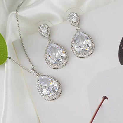 Bridal Jewelry Set for Wedding - 18k Plated Teardrop CZ Crystal Cubic Zirconia Rhinestone Necklace Earrings Set for Bride Bridesmaids Mother of Bride Party Prom Birthstone Costume Jewelry - color: Apr-Diamond
