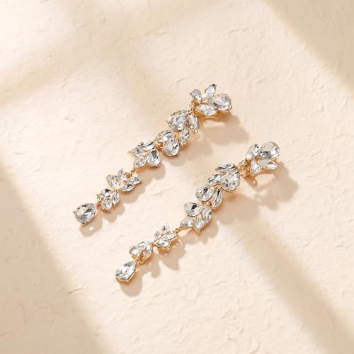Crysdue Clip On Earrings for Women Rhinestone Crystal Teardrop Cluster Wedding Bridal Non Pierced Long Dangle Earring for Prom Party - color: Clear Gold-Tone