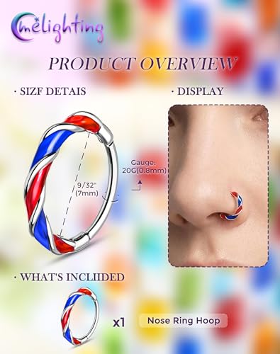 Melighting 20G Twist Nose Ring Hoop Stainless Steel 316L Piercing Jewelry | 7/8 mm Nose Piercing Jewelry, Cute Hinged Segment Clicker Lobe Helix Daith Cartilage Earring for Women - color: Steel RDBL, size: 20g7mm