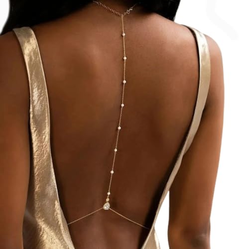 Rhinestone Back Necklace for Backless Dress - Bridal Wedding Pearl Backdrop Jewelry Crystal Long Body Chain Simple Waist Chain for Women - style: Gold